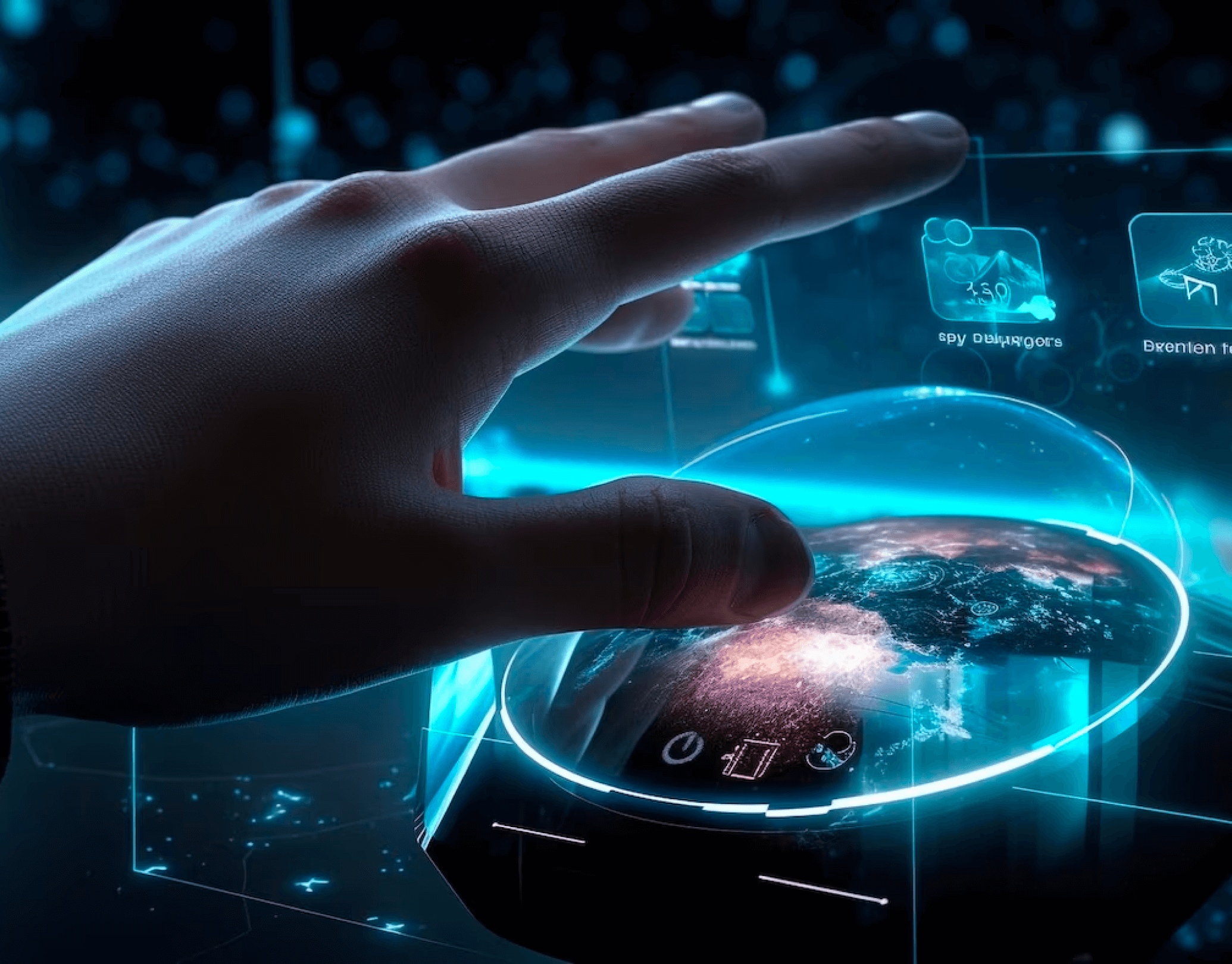 a hand controlling futuristic digital device